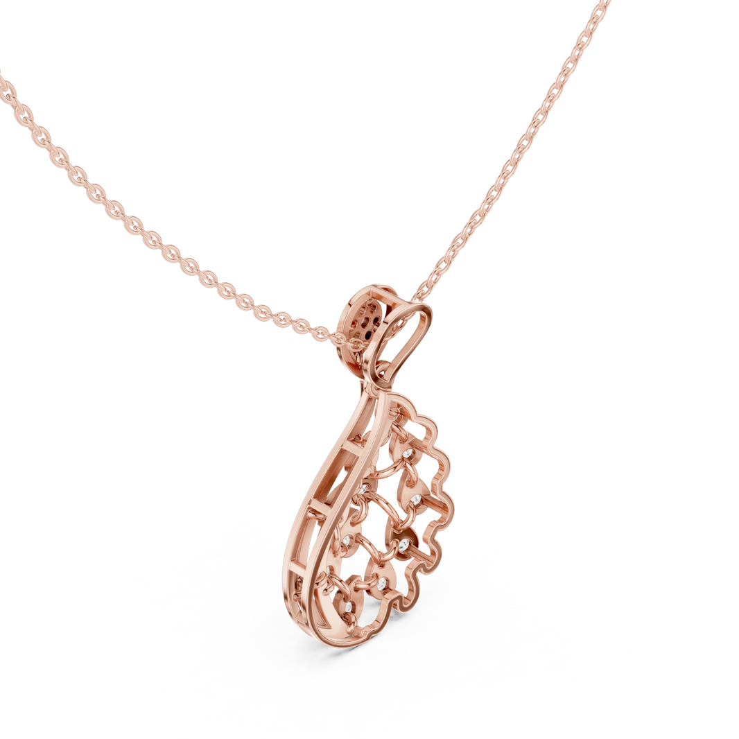 Flame Teardrop Swirl Cluster Moissanite Pendant in rose 925 sterling silver, view 2
