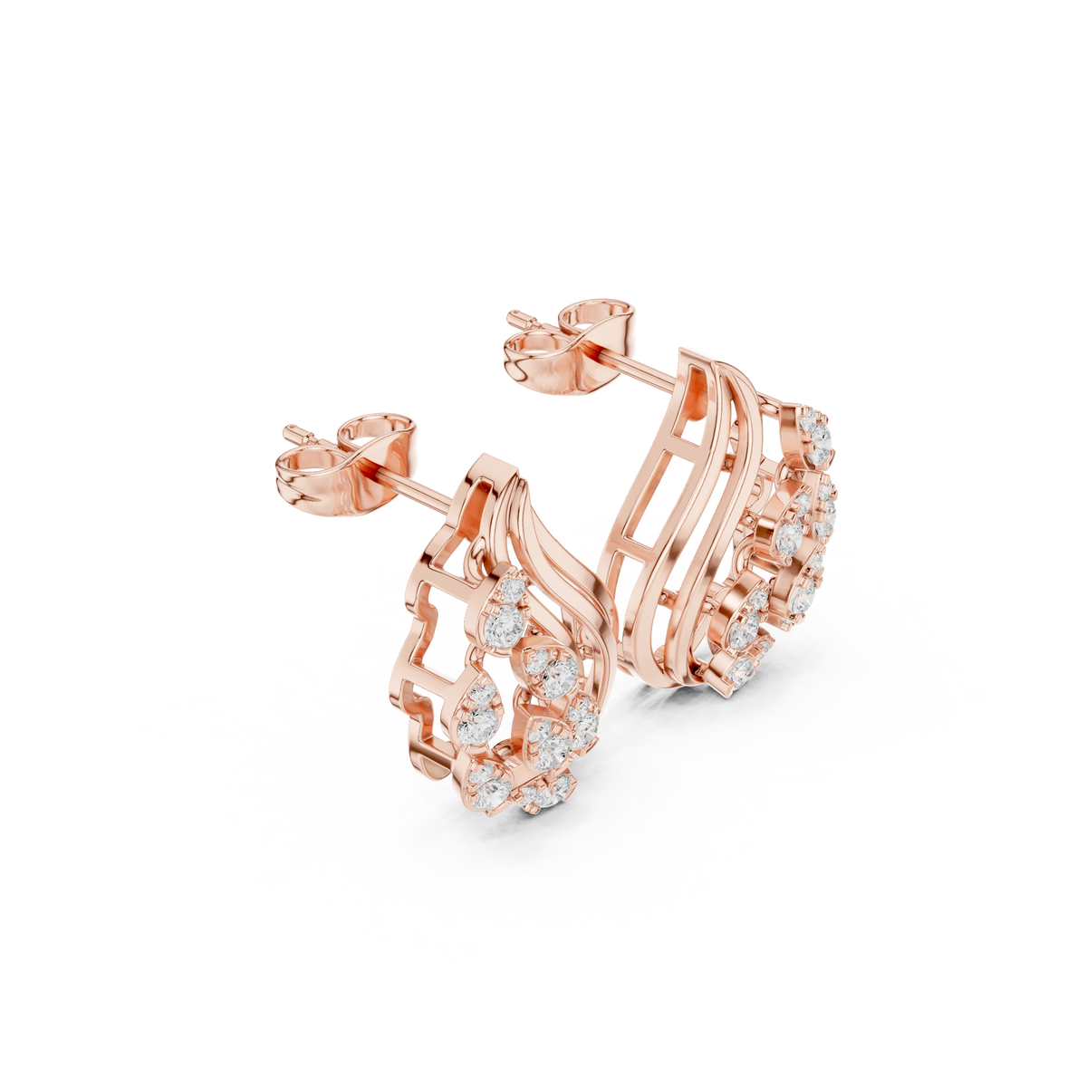 Flame Swirl Illusion Cluster Moissanite Stud Earrings in rose 925 sterling silver, view 1