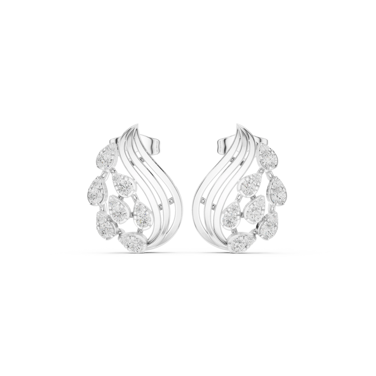 Flame Swirl Illusion Cluster Moissanite Stud Earrings in white 925 sterling silver, view 4