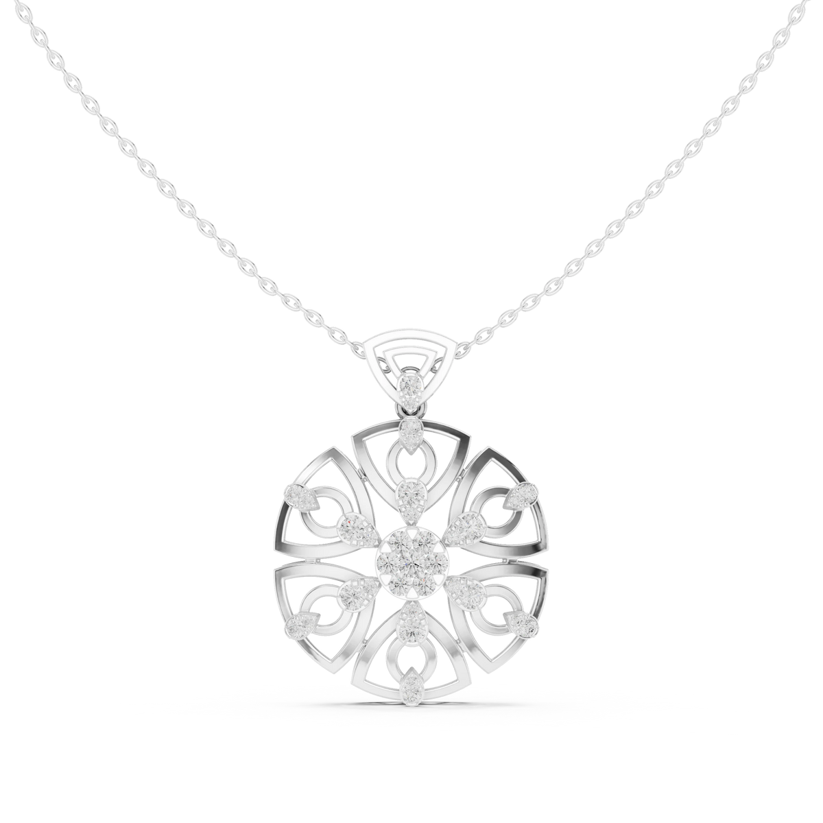 Round Openwork Heart Medallion Moissanite Pendant in white 925 sterling silver, view 4