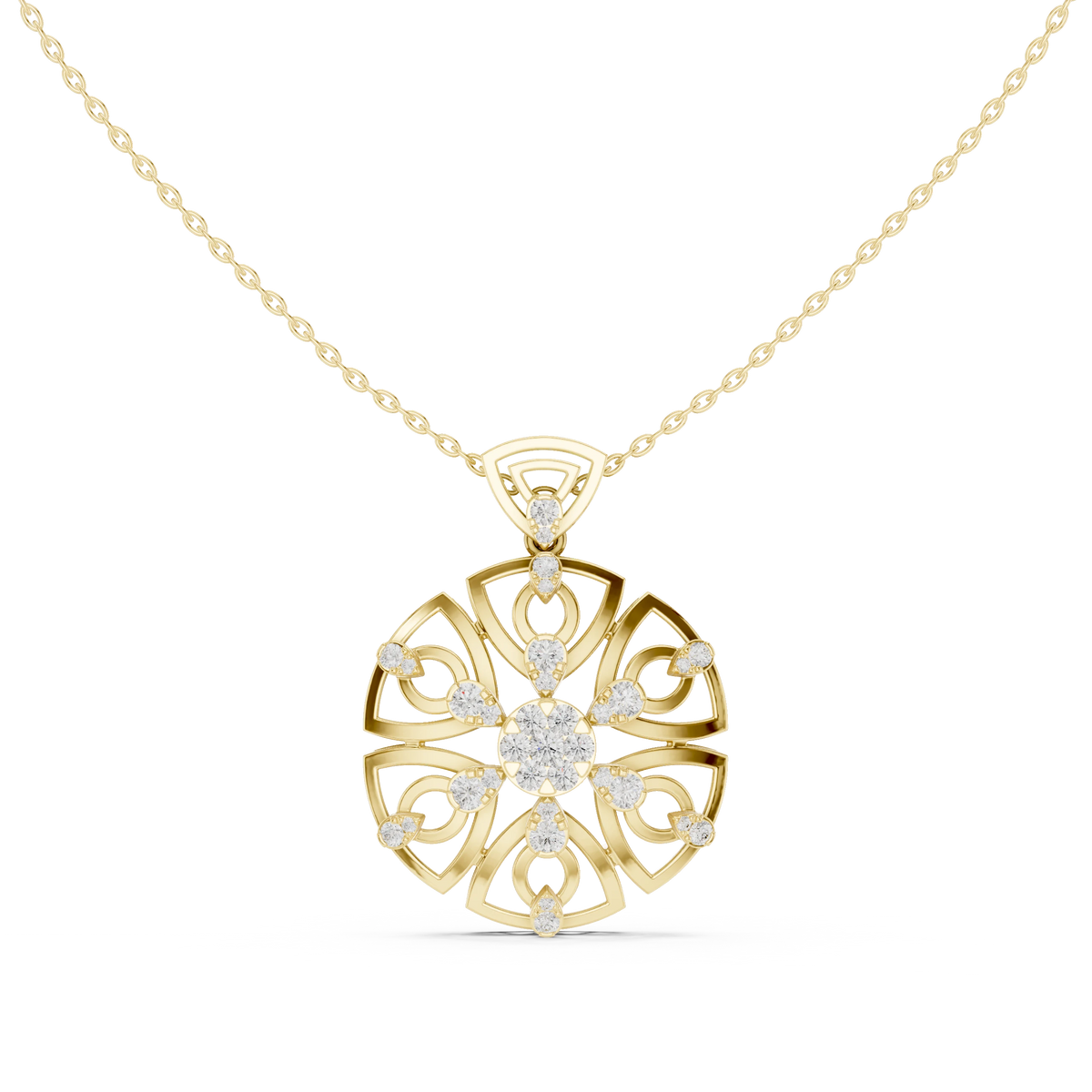 Round Openwork Heart Medallion Moissanite Pendant in yellow 925 sterling silver, view 4