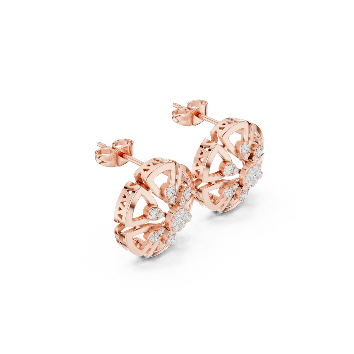 Round Flower Wheel Moissanite Stud Earrings in rose 925 sterling silver, view 1