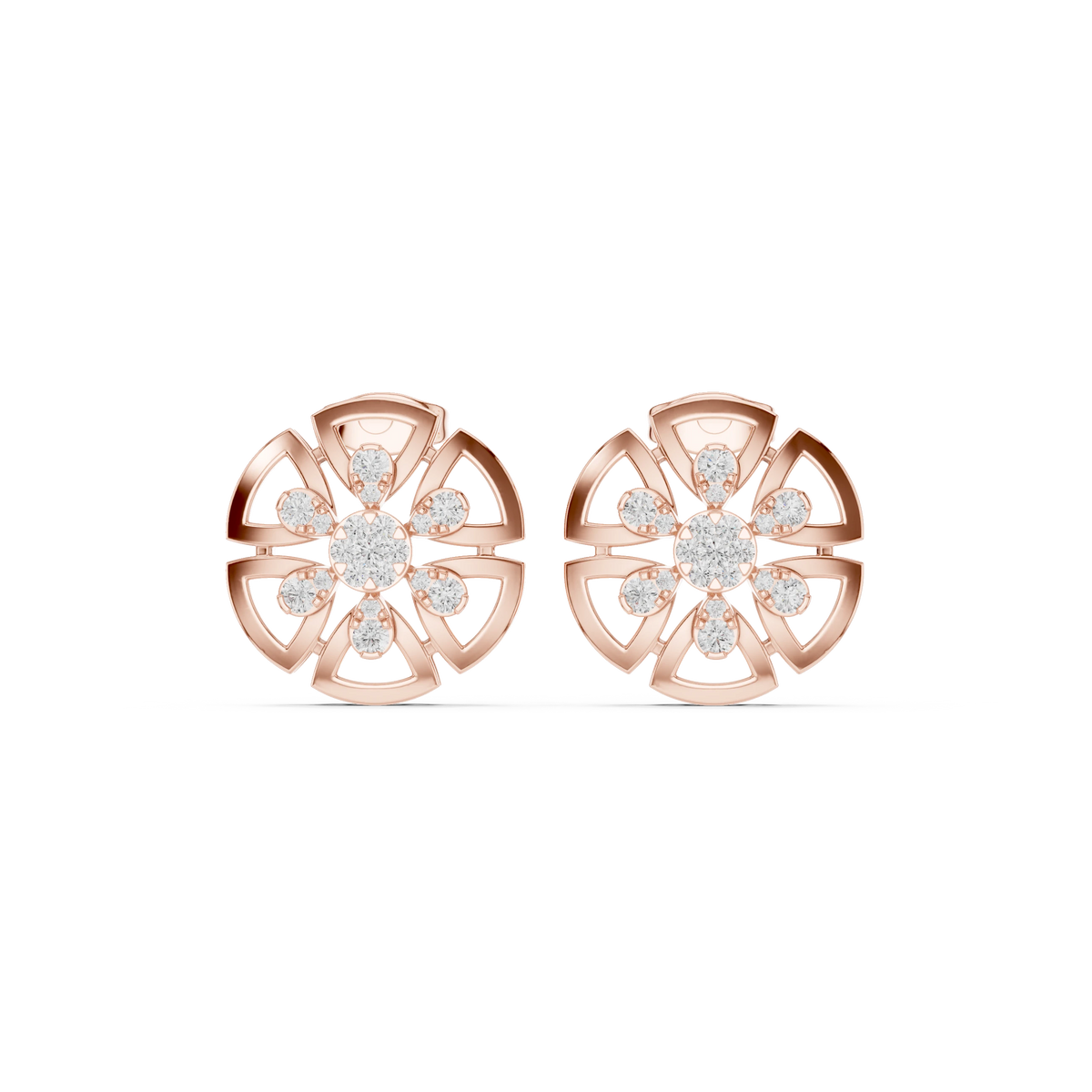 Round Flower Wheel Moissanite Stud Earrings in rose 925 sterling silver, view 4