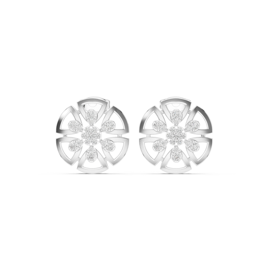 Round Flower Wheel Moissanite Stud Earrings in white 925 sterling silver, view 4