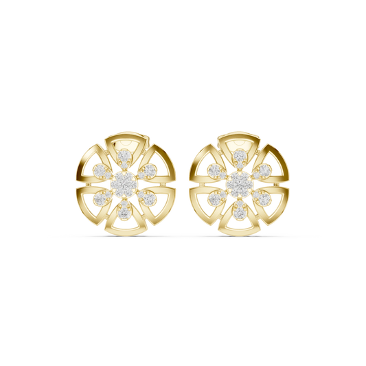 Round Flower Wheel Moissanite Stud Earrings in yellow 925 sterling silver, view 4