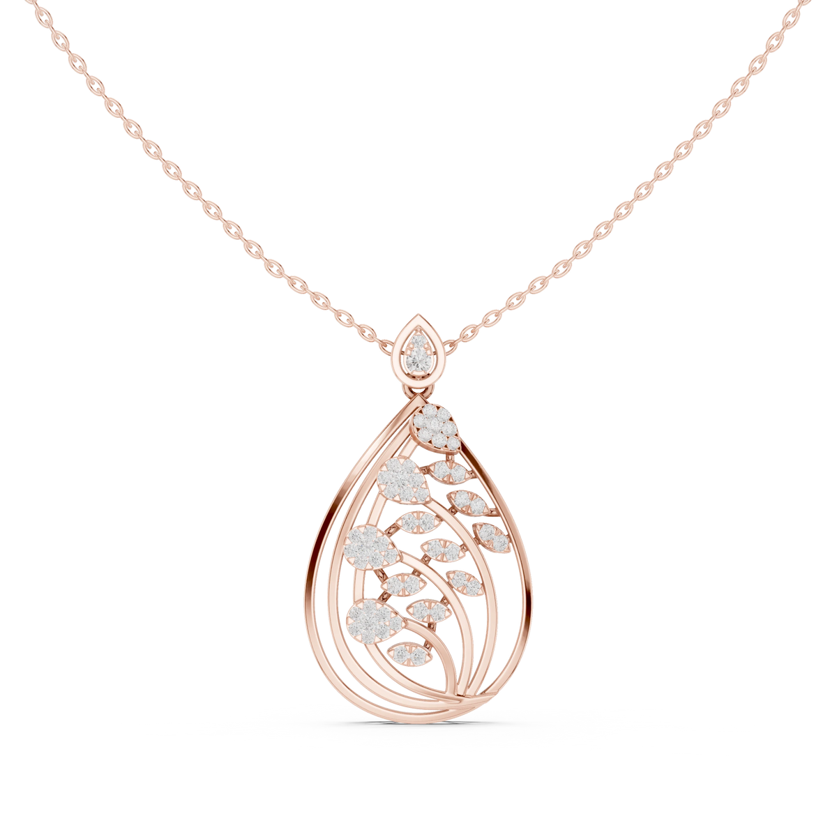 Teardrop Leaf Branch Cluster Moissanite Pendant in rose 925 sterling silver, view 4