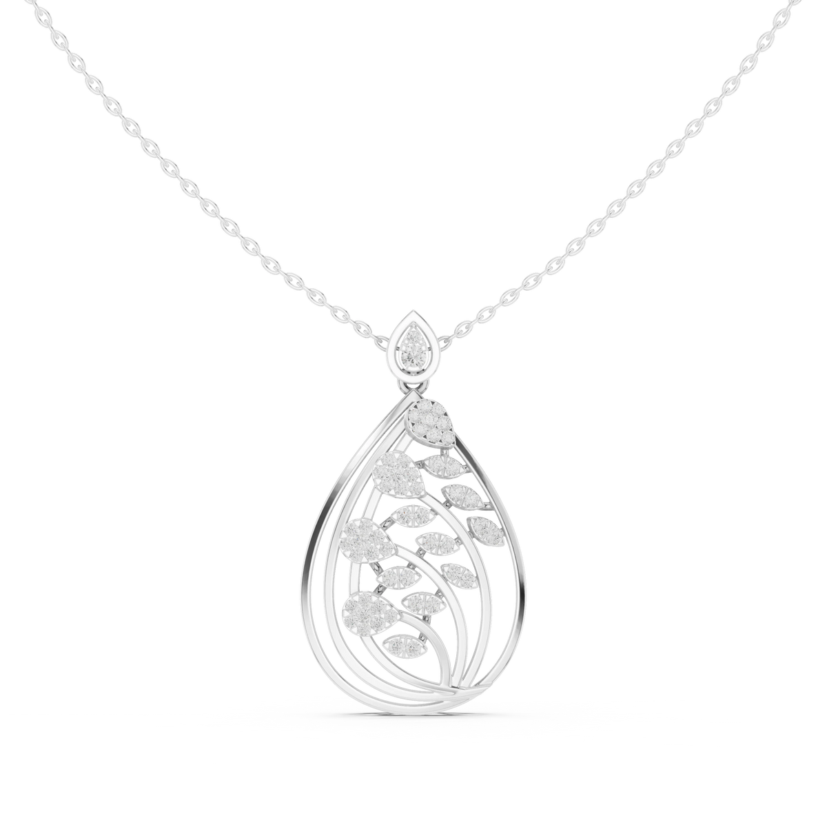 Teardrop Leaf Branch Cluster Moissanite Pendant in white 925 sterling silver, view 4