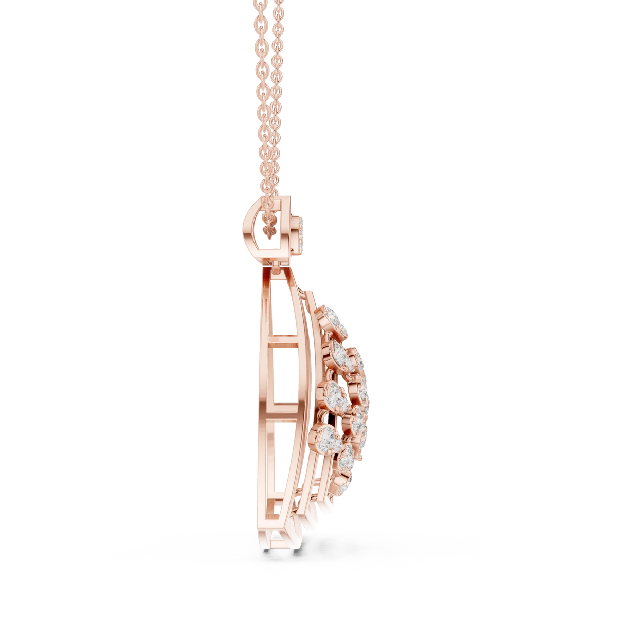 Open Triangle Pear Cluster Moissanite Pendant in rose 925 sterling silver, view 3