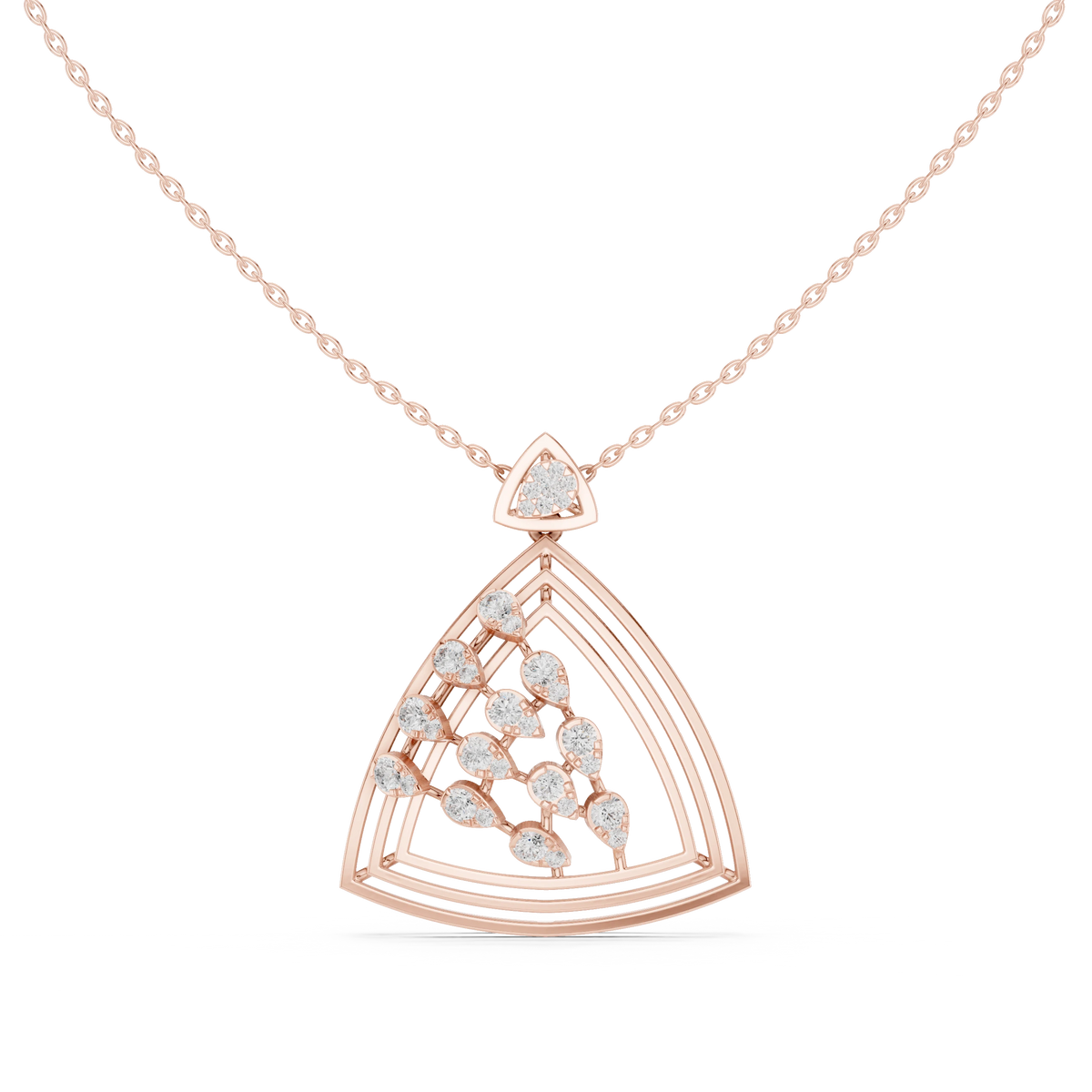 Open Triangle Pear Cluster Moissanite Pendant in rose 925 sterling silver, view 4