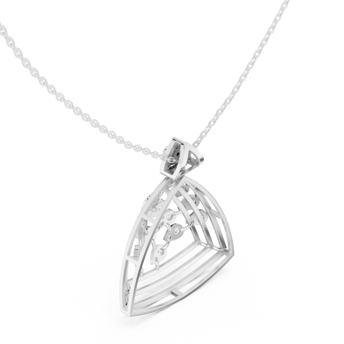 Open Triangle Pear Cluster Moissanite Pendant in white 925 sterling silver, view 2