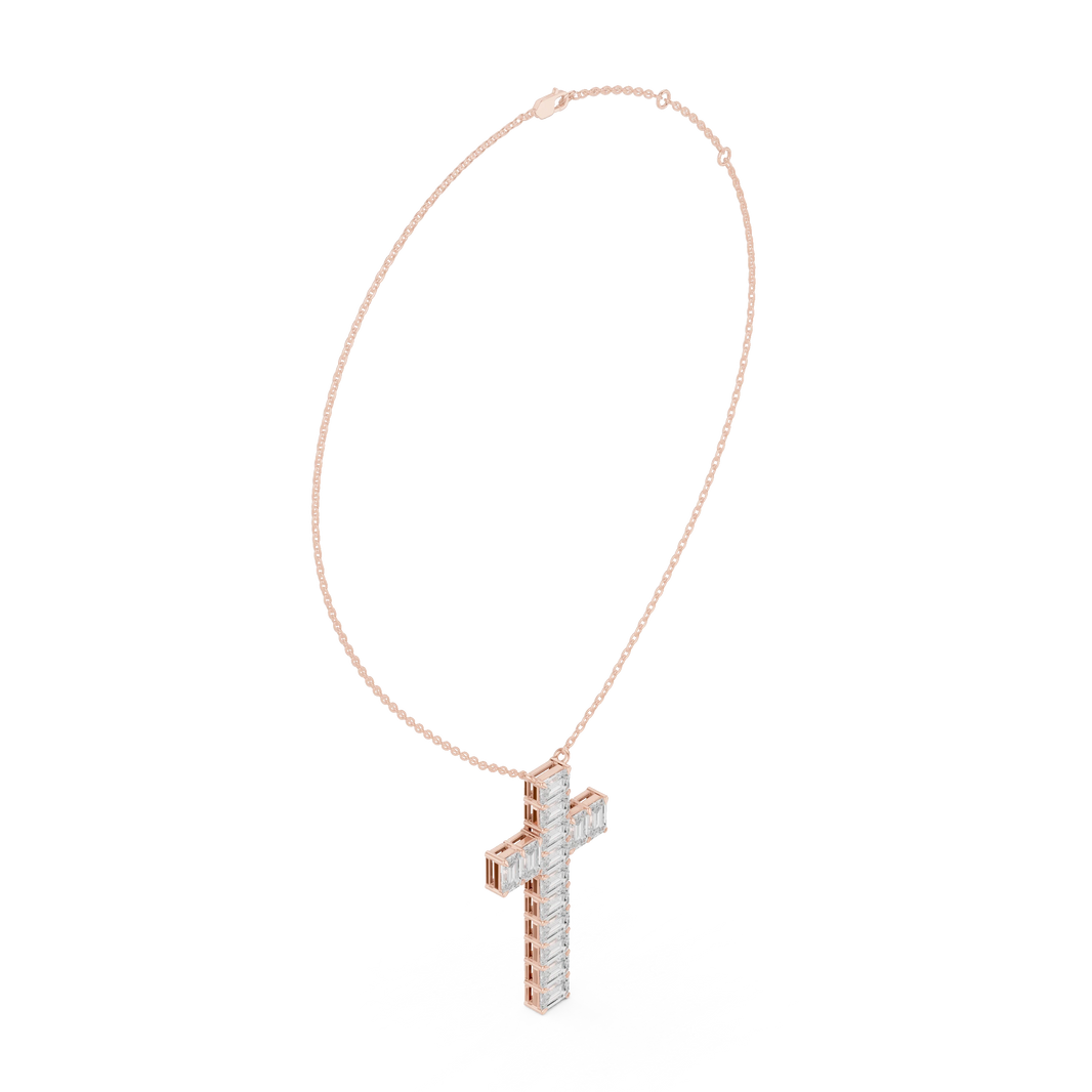 Emerald Cut Moissanite Cross Pendant in rose 925 sterling silver, view 1