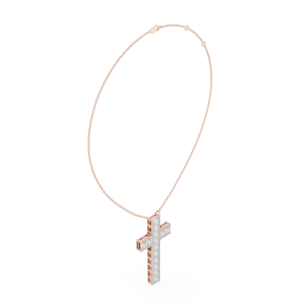 Emerald Cut Moissanite Cross Pendant in rose 925 sterling silver, view 1