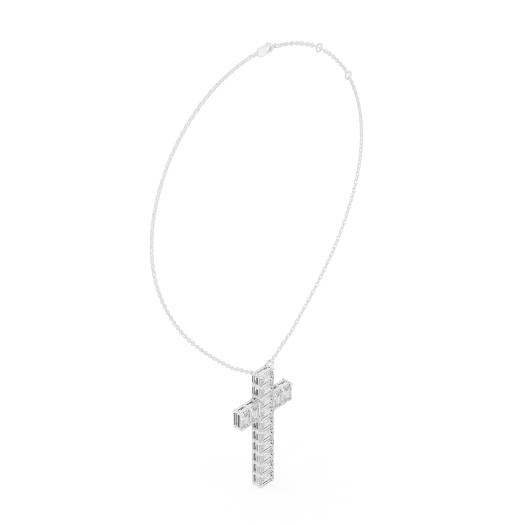 Emerald Cut Moissanite Cross Pendant in white 925 sterling silver, view 1