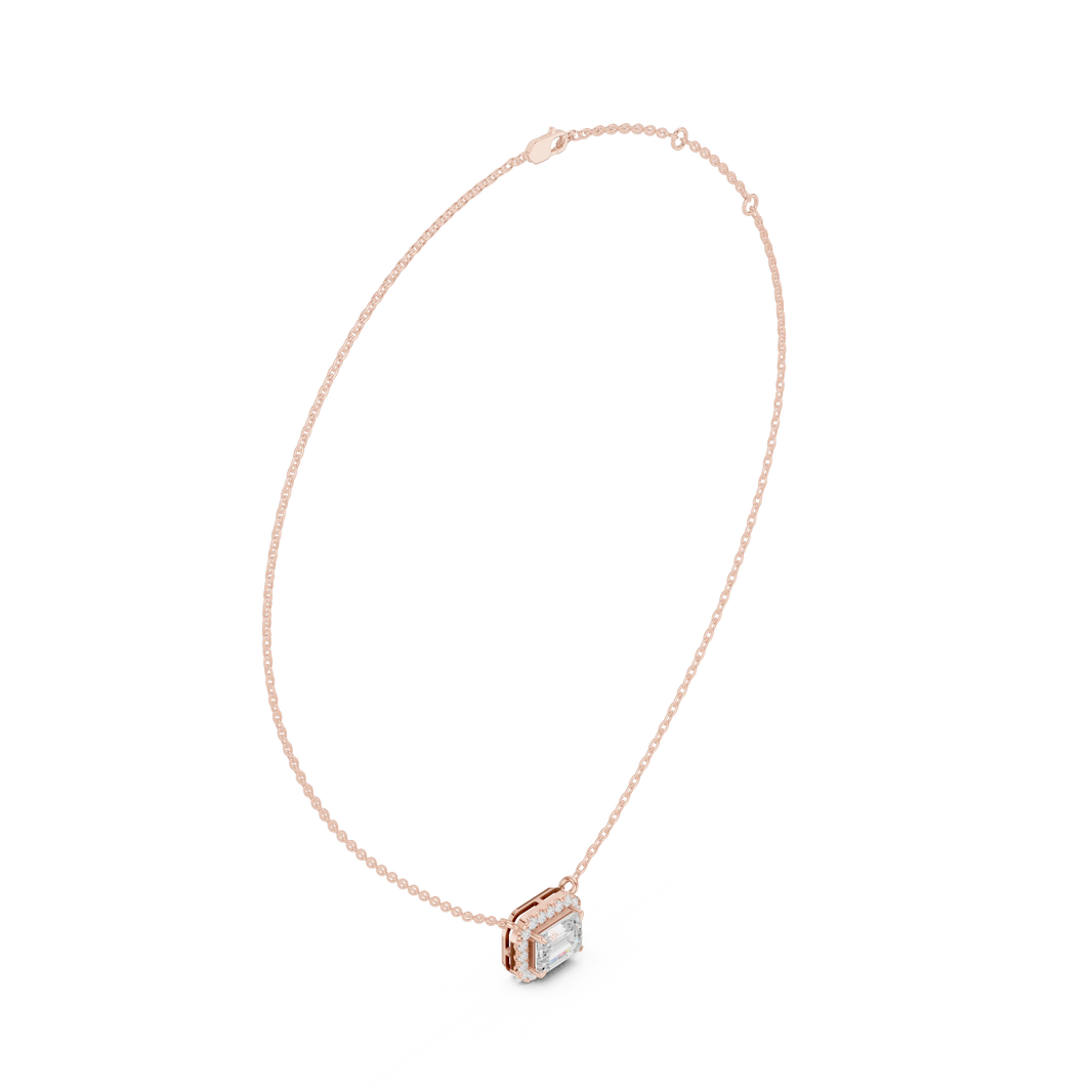 East West Emerald Cut Halo Moissanite Station Pendant in rose 925 sterling silver, view 1