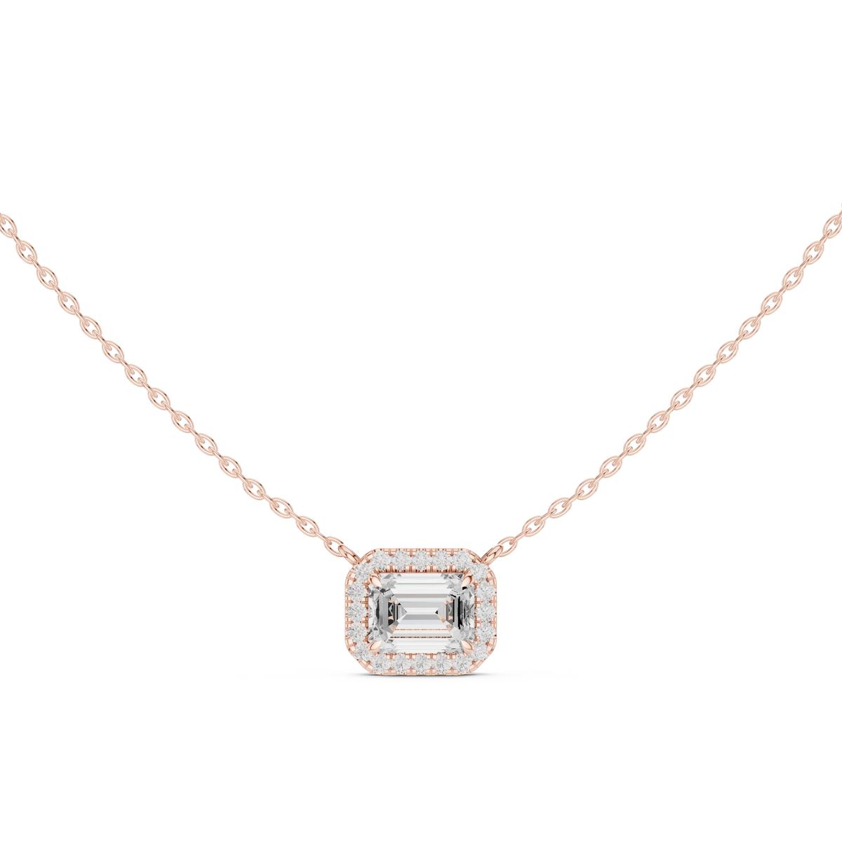 East West Emerald Cut Halo Moissanite Station Pendant in rose 925 sterling silver, view 4