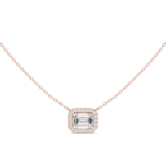 East West Emerald Cut Halo Moissanite Station Pendant in rose 925 sterling silver, view 4