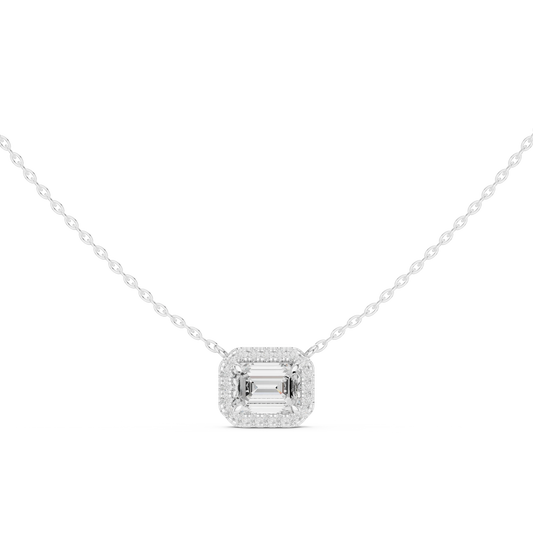 East West Emerald Cut Halo Moissanite Station Pendant in white 925 sterling silver, view 4