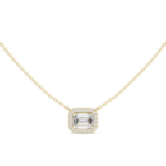 East West Emerald Cut Halo Moissanite Station Pendant in yellow 925 sterling silver, view 4
