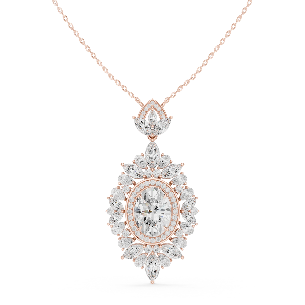 Oval Halo Marquise and Pear Moissanite Drop Pendant in rose 925 sterling silver, view 4