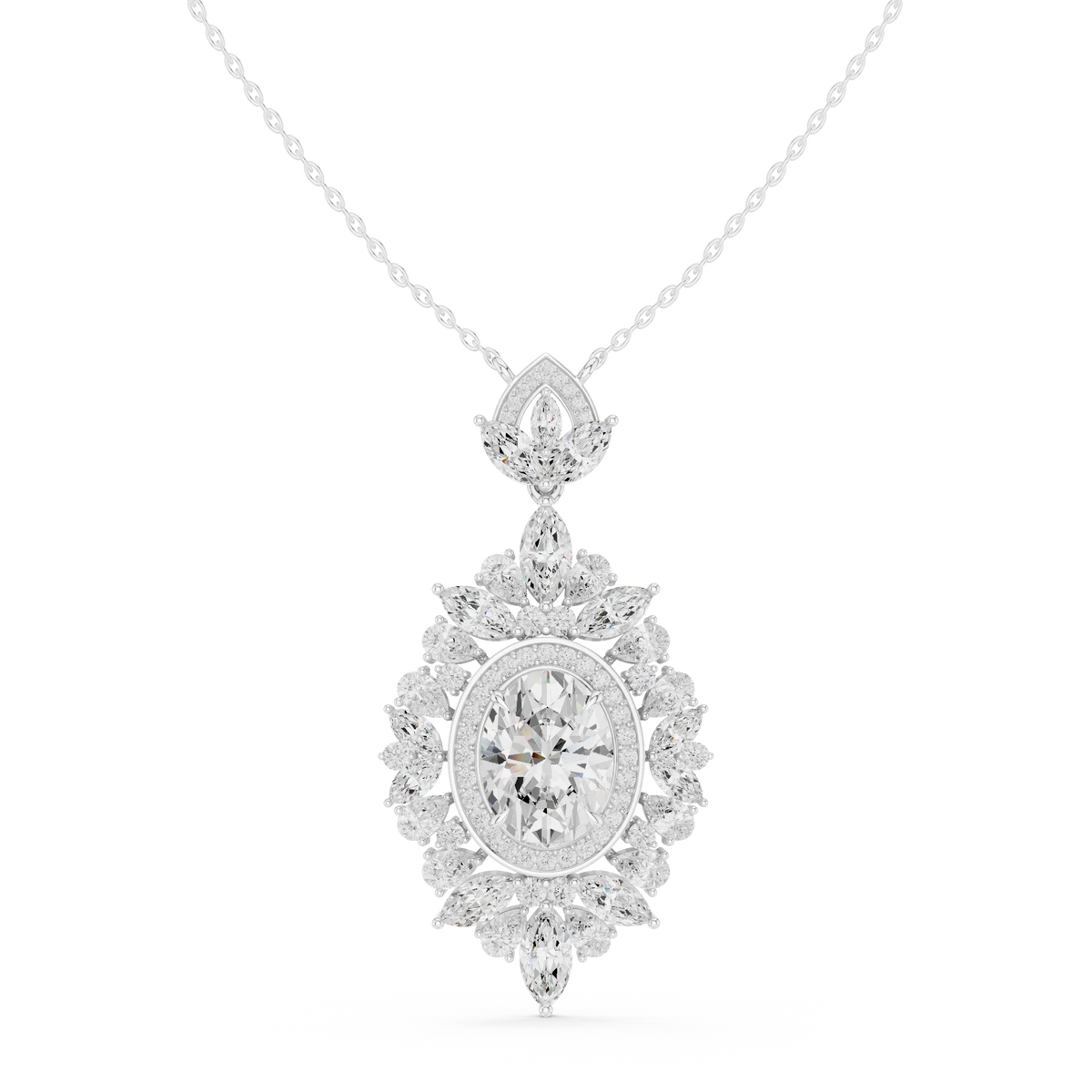 Oval Halo Marquise and Pear Moissanite Drop Pendant in white 925 sterling silver, view 4