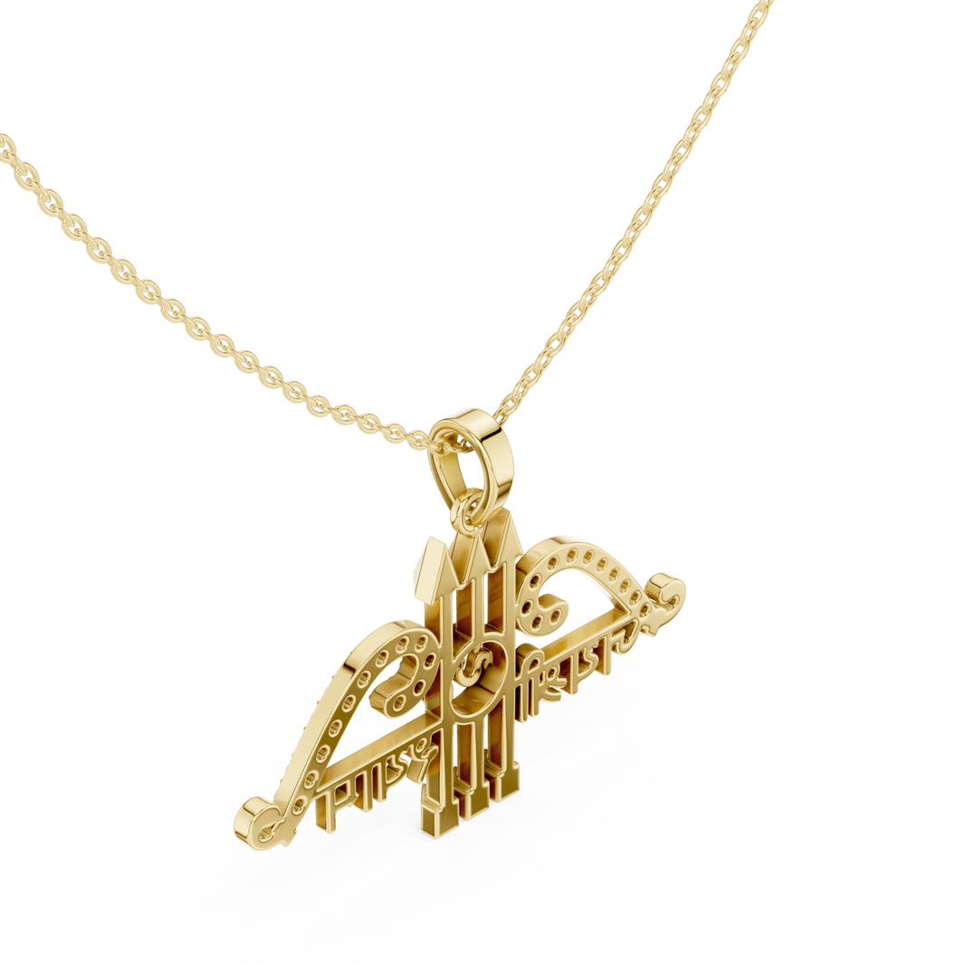 Jai Shri Shyam Bow and Arrow Moissanite Pendant in yellow 925 sterling silver, view 2