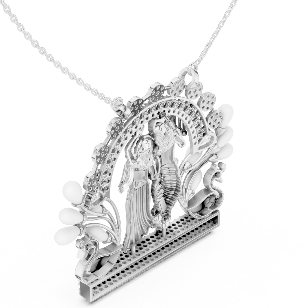 Radha Krishna Peacock Arch Moissanite Pendant in white 925 sterling silver, view 2