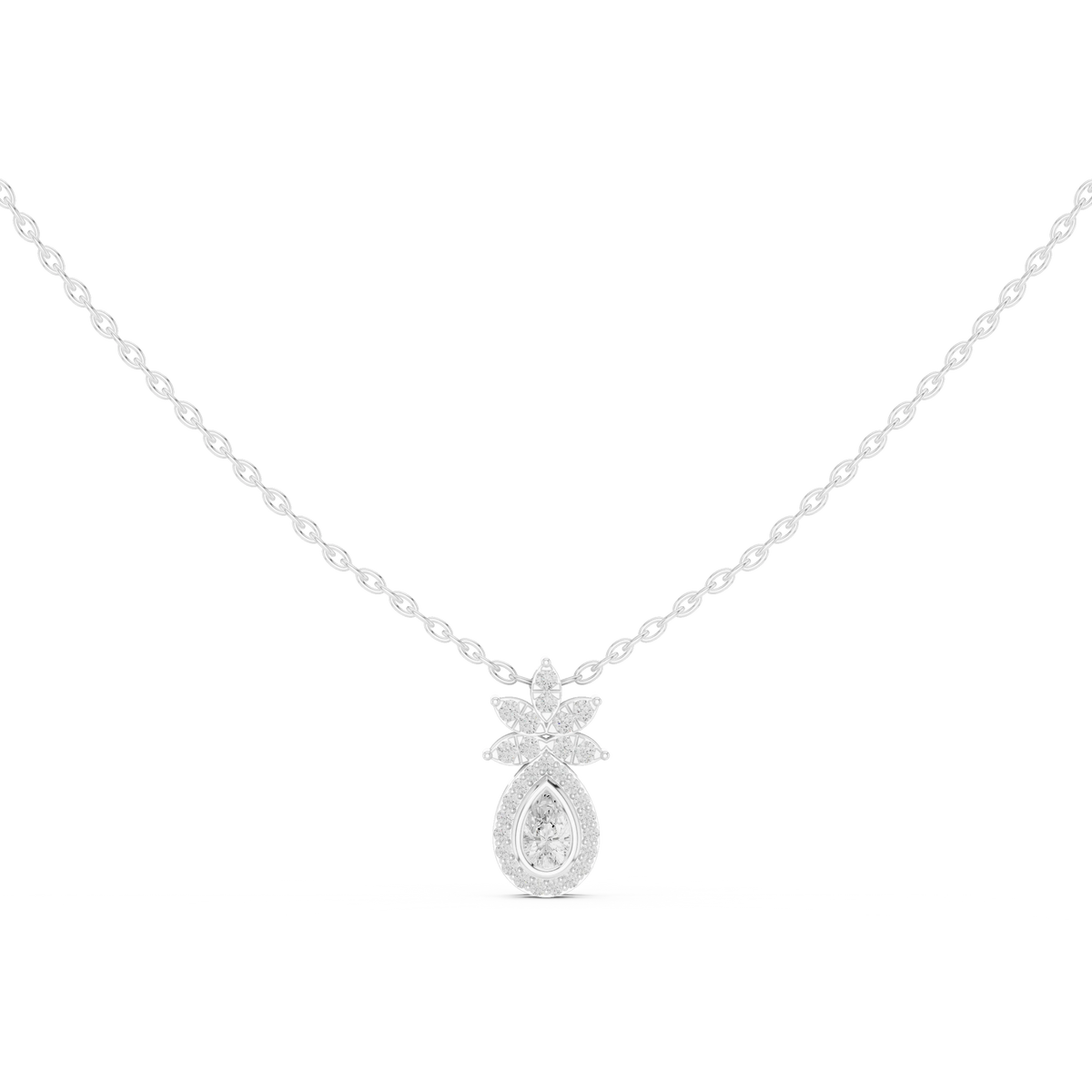 Petite Pear Halo Moissanite Pendant with Flower Top in white 925 sterling silver, view 4