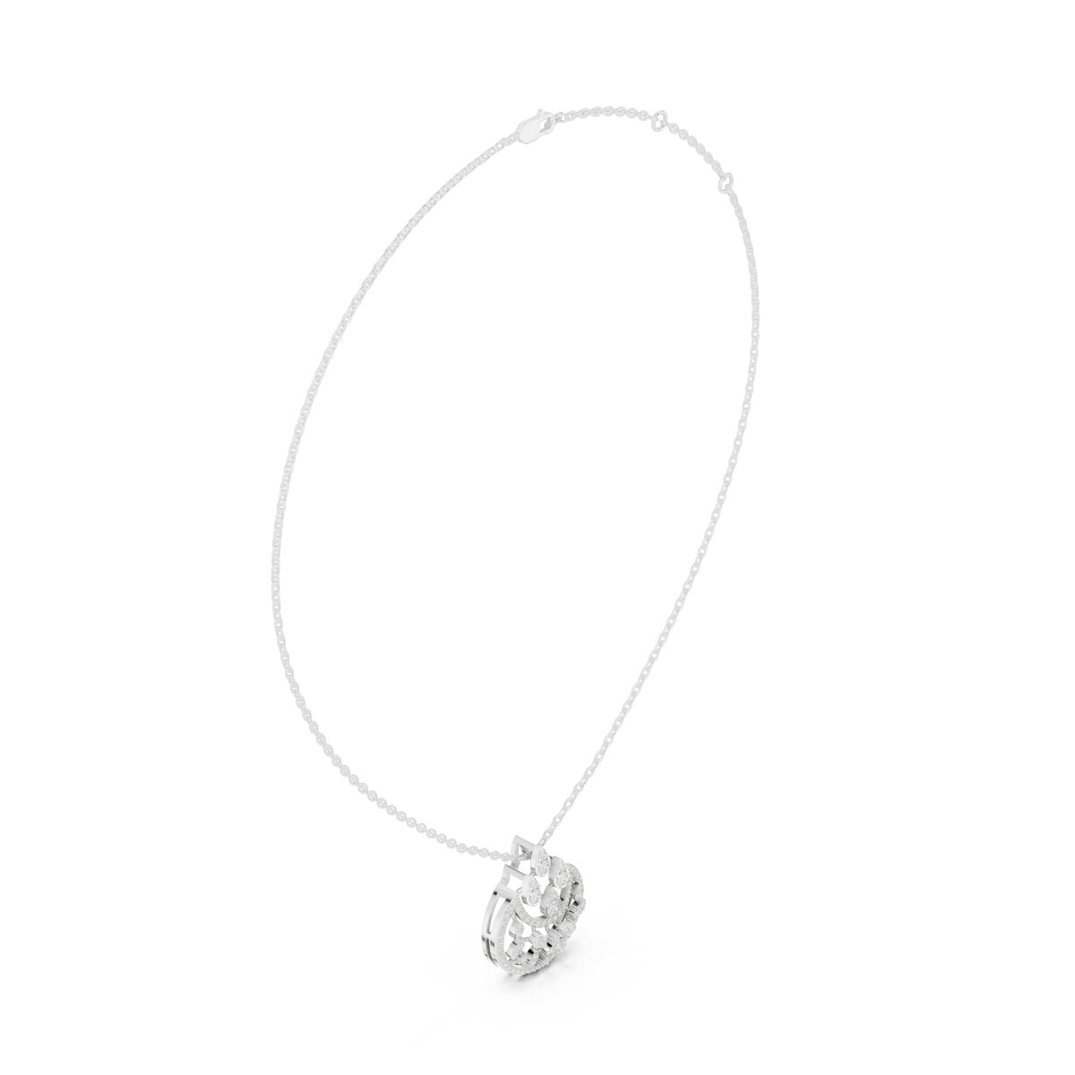 Crescent Openwork Disc Moissanite Pendant in white 925 sterling silver, view 1