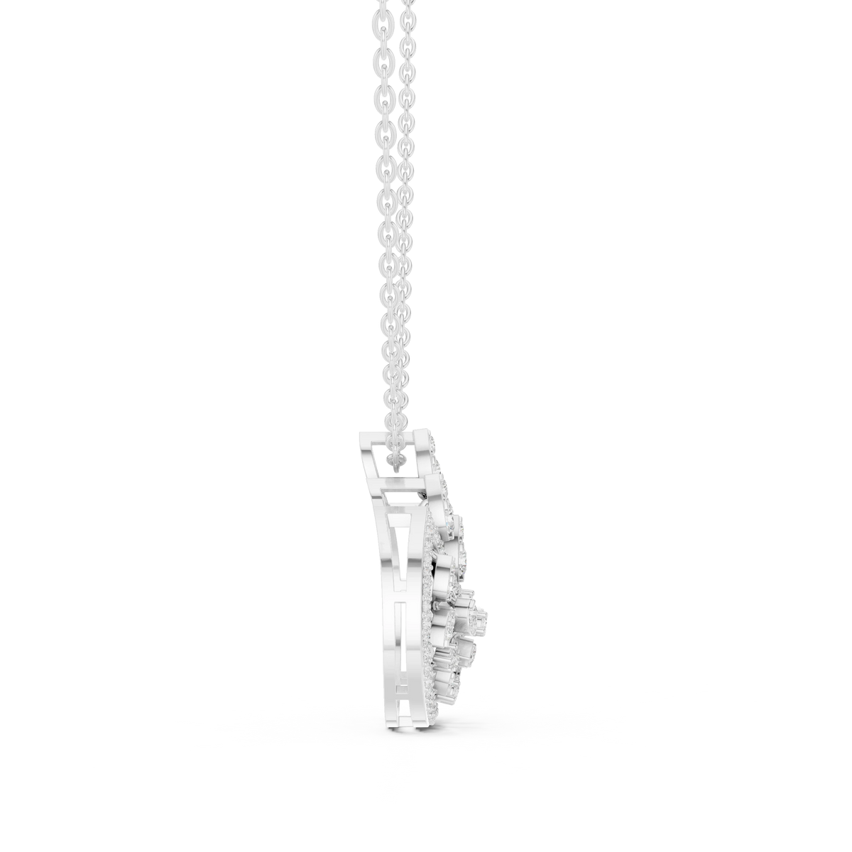 Crescent Openwork Disc Moissanite Pendant in white 925 sterling silver, view 3