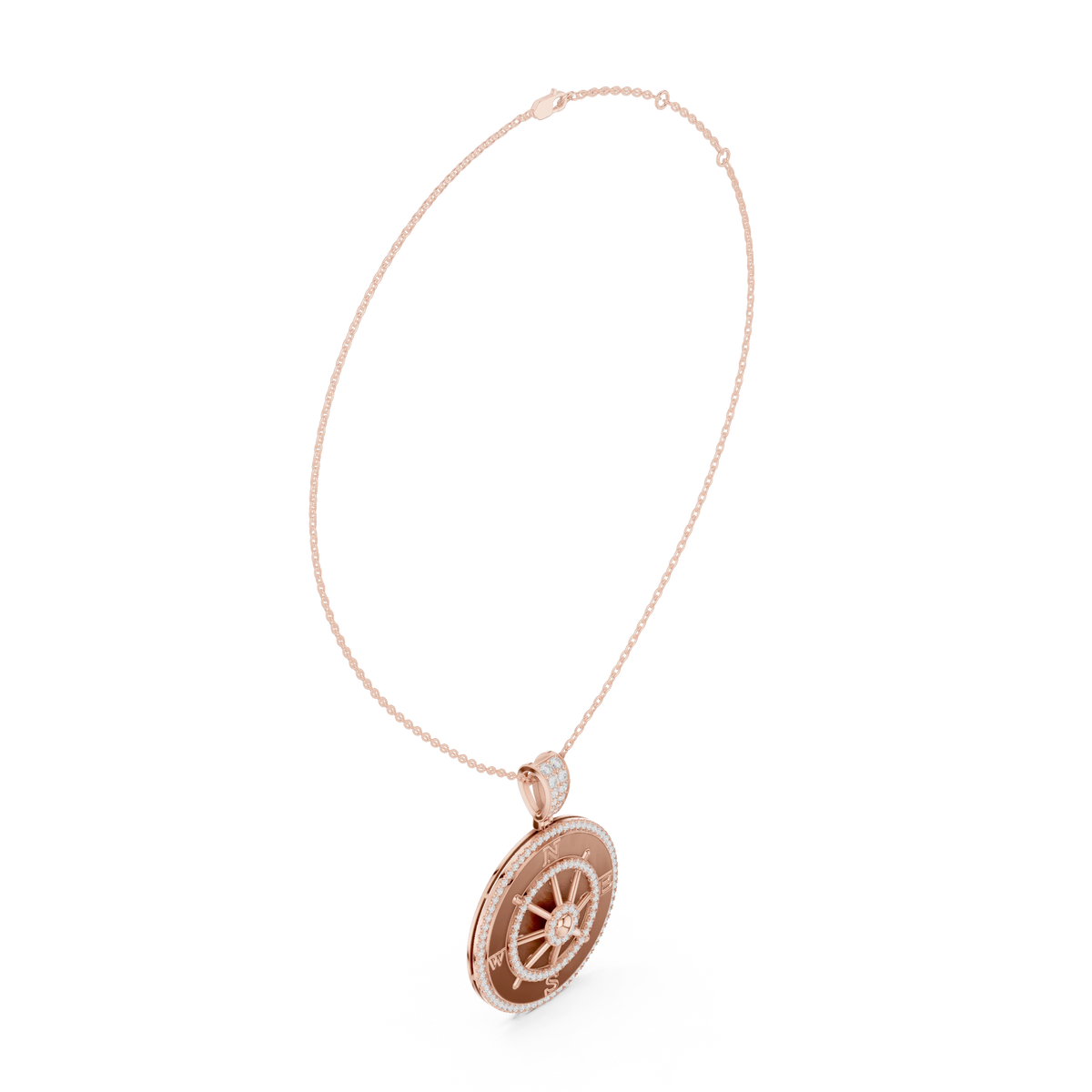 Ship Wheel Compass White Enamel Moissanite Medallion Pendant in rose 925 sterling silver, view 1