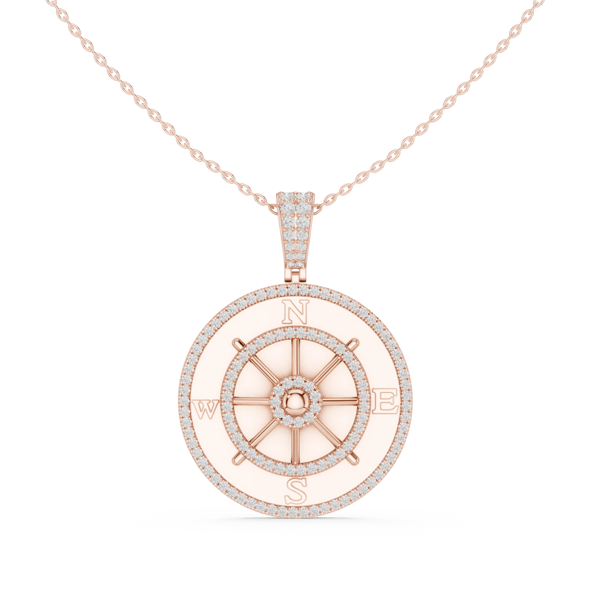 Ship Wheel Compass White Enamel Moissanite Medallion Pendant in rose 925 sterling silver, view 4