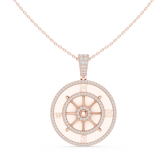Ship Wheel Compass White Enamel Moissanite Medallion Pendant in rose 925 sterling silver, view 4