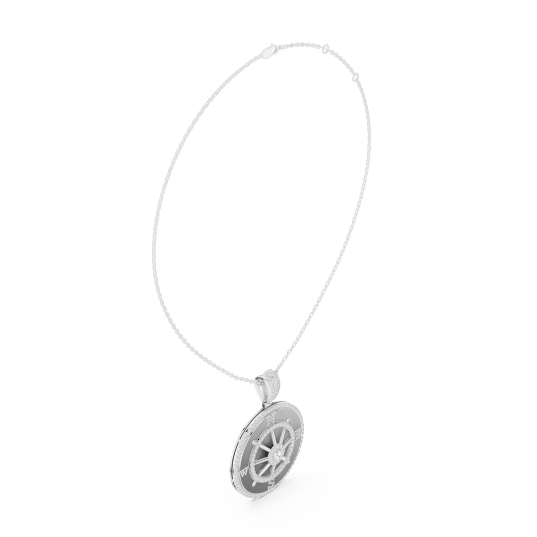 Ship Wheel Compass White Enamel Moissanite Medallion Pendant in white 925 sterling silver, view 1