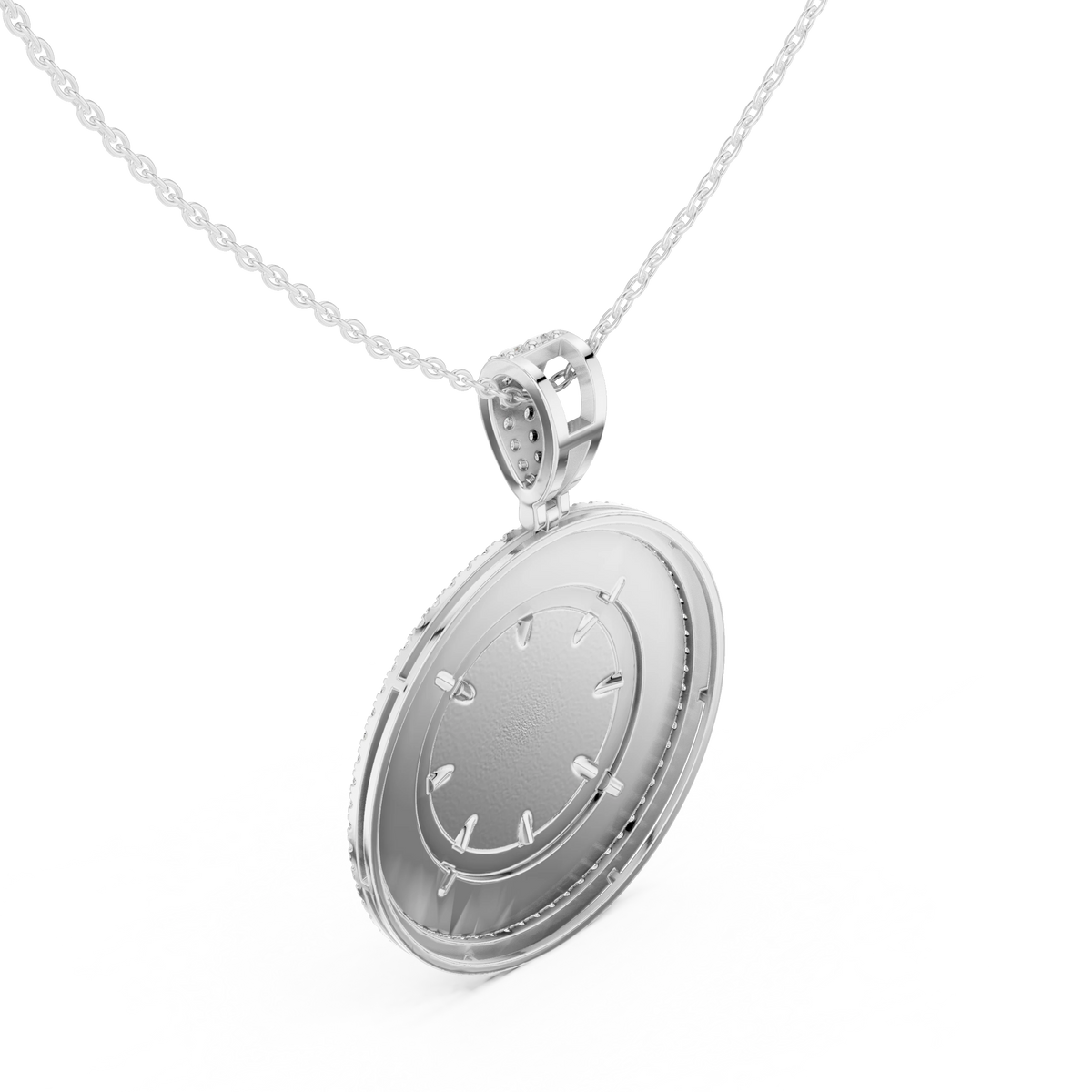 Ship Wheel Compass White Enamel Moissanite Medallion Pendant in white 925 sterling silver, view 2