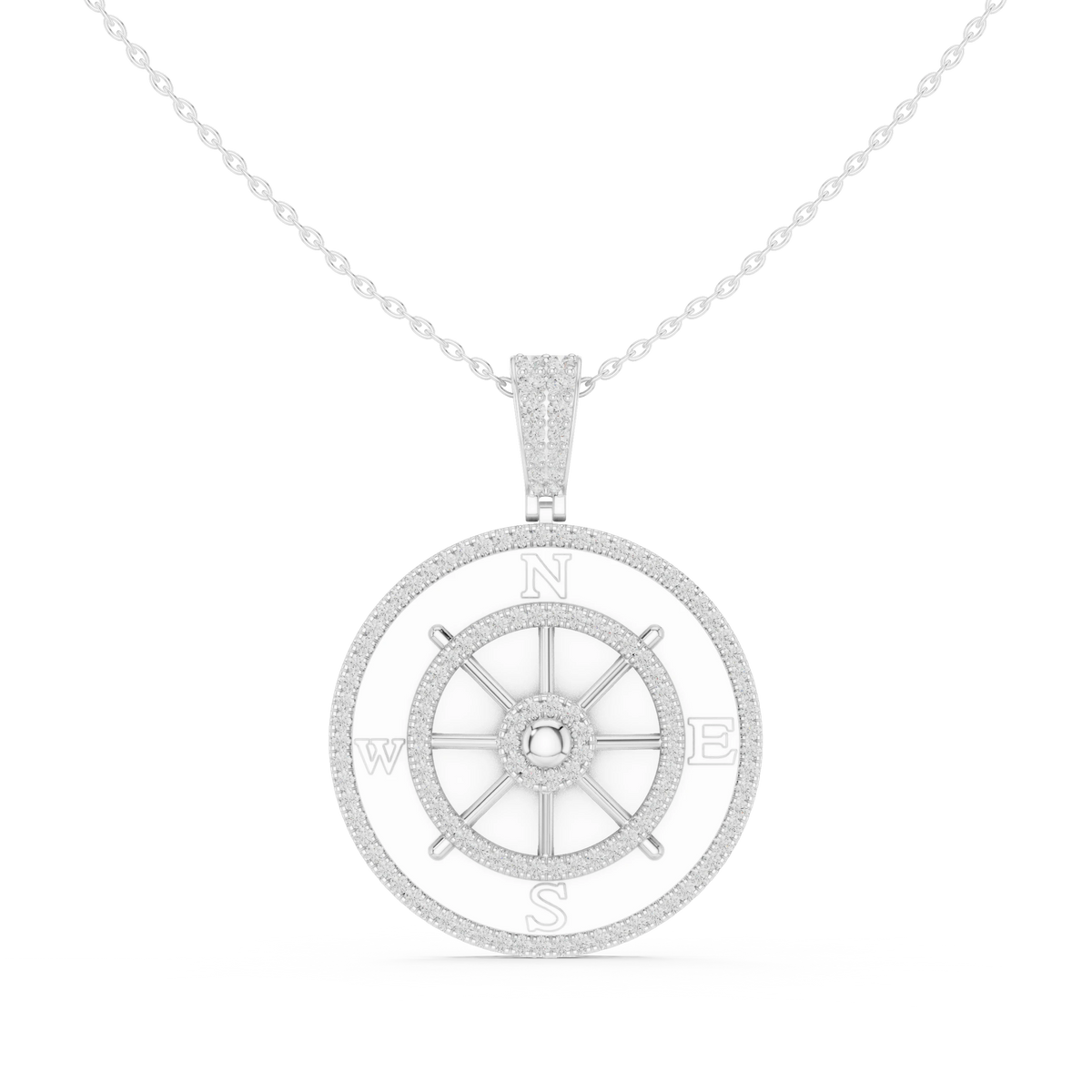 Ship Wheel Compass White Enamel Moissanite Medallion Pendant in white 925 sterling silver, view 4