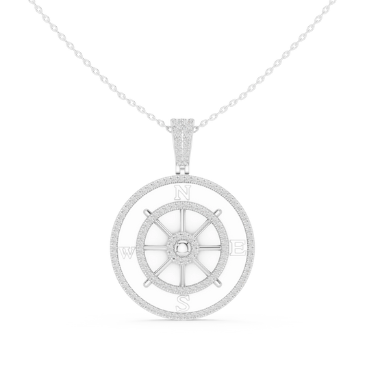 Ship Wheel Compass White Enamel Moissanite Medallion Pendant in white 925 sterling silver, view 4