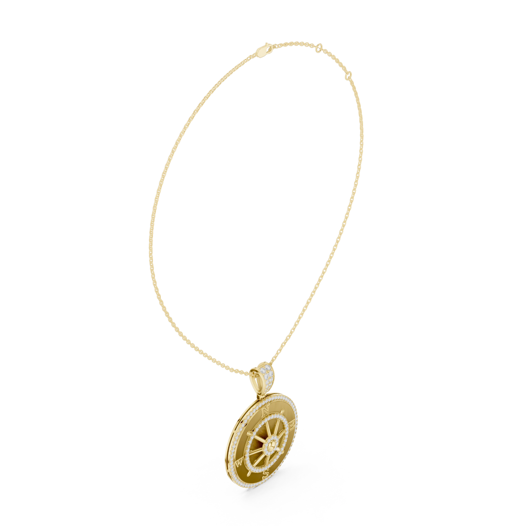 Ship Wheel Compass White Enamel Moissanite Medallion Pendant in yellow 925 sterling silver, view 1