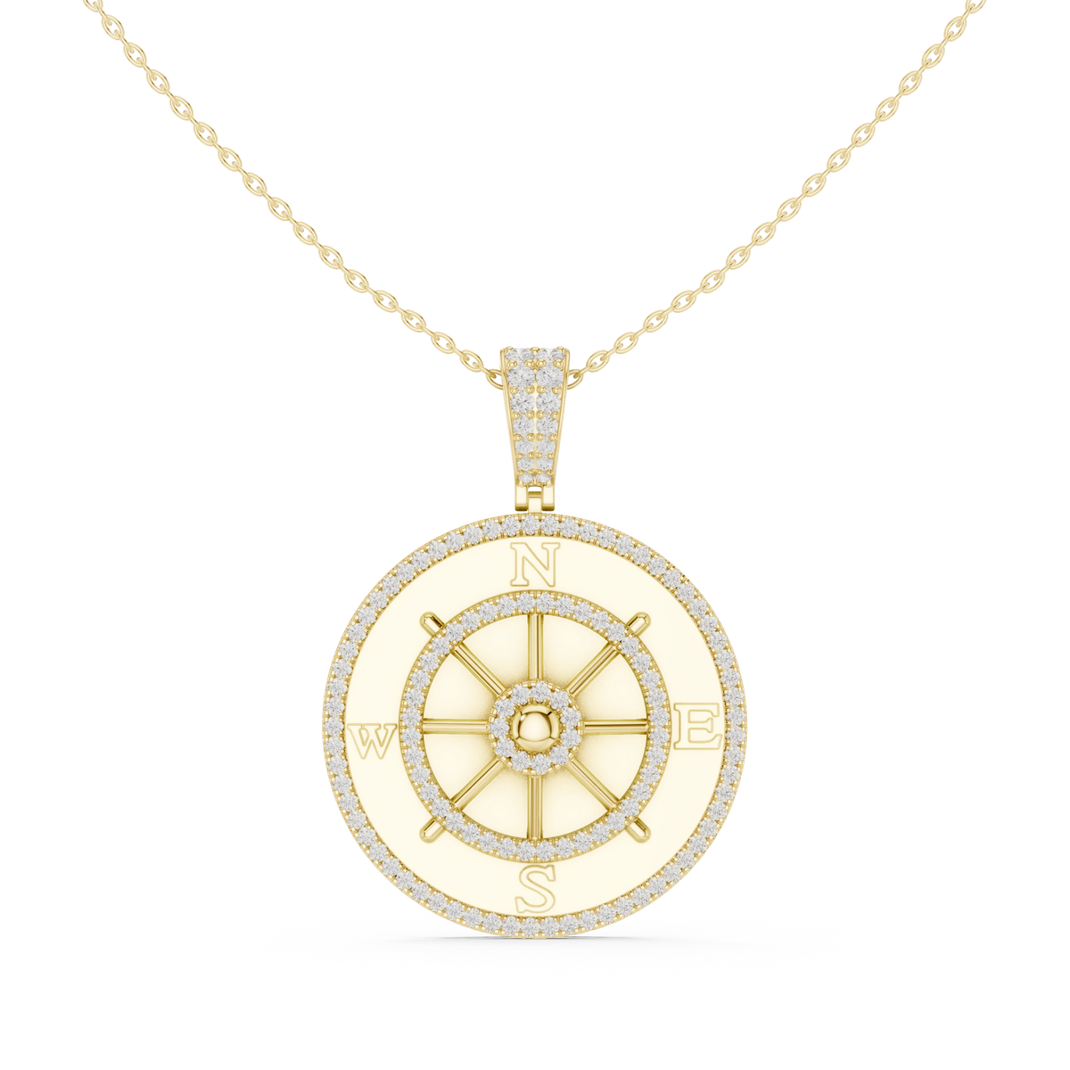 Ship Wheel Compass White Enamel Moissanite Medallion Pendant in yellow 925 sterling silver, view 4