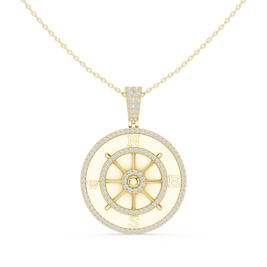Ship Wheel Compass White Enamel Moissanite Medallion Pendant in yellow 925 sterling silver, view 4