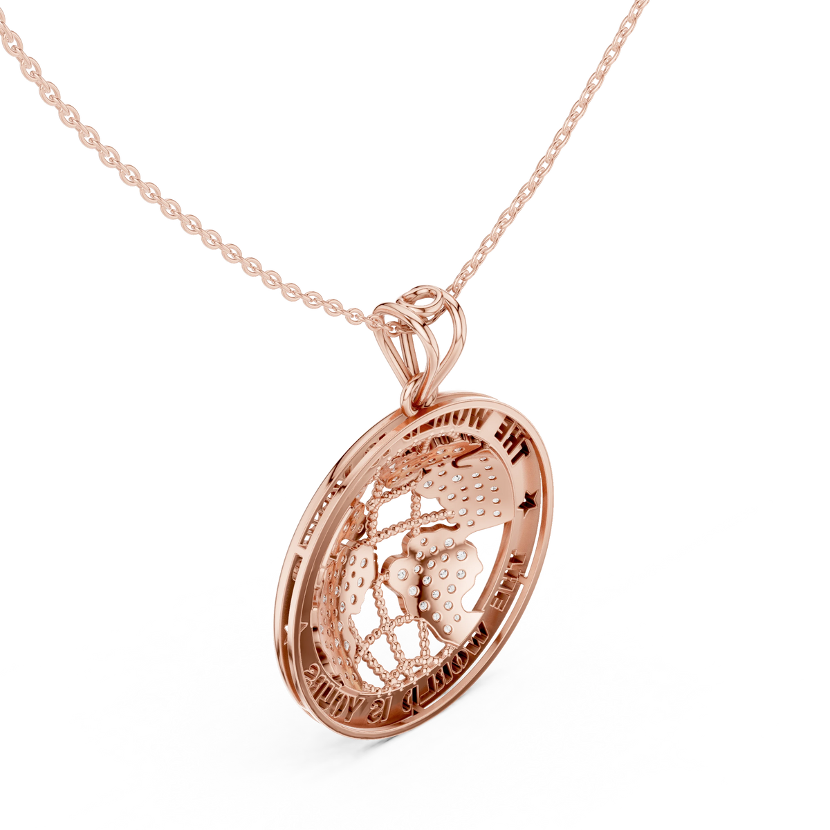 The World Is Yours Globe Moissanite Medallion Pendant in rose 925 sterling silver, view 2