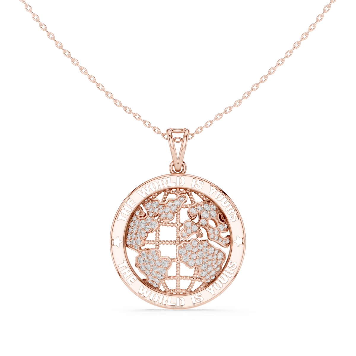 The World Is Yours Globe Moissanite Medallion Pendant in rose 925 sterling silver, view 4