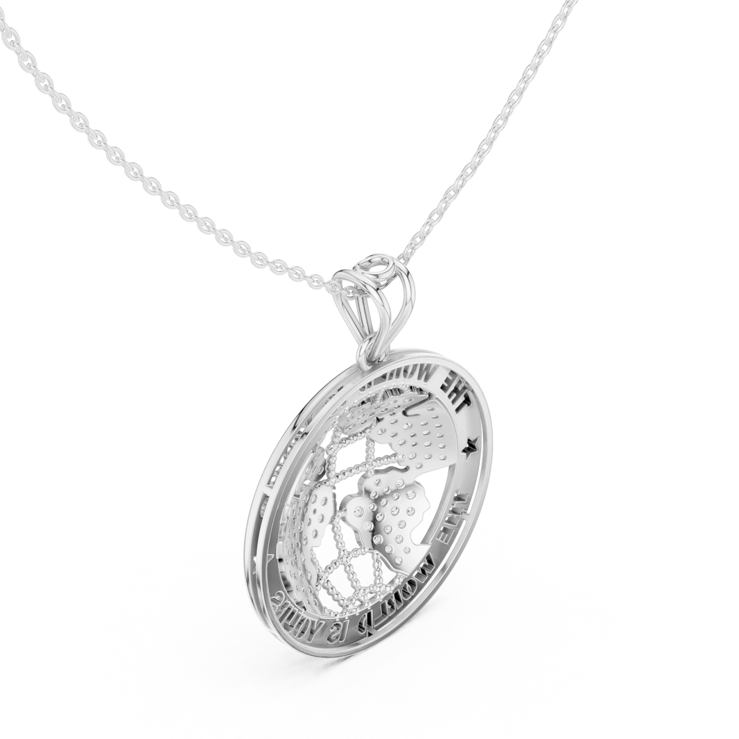 The World Is Yours Globe Moissanite Medallion Pendant in white 925 sterling silver, view 2