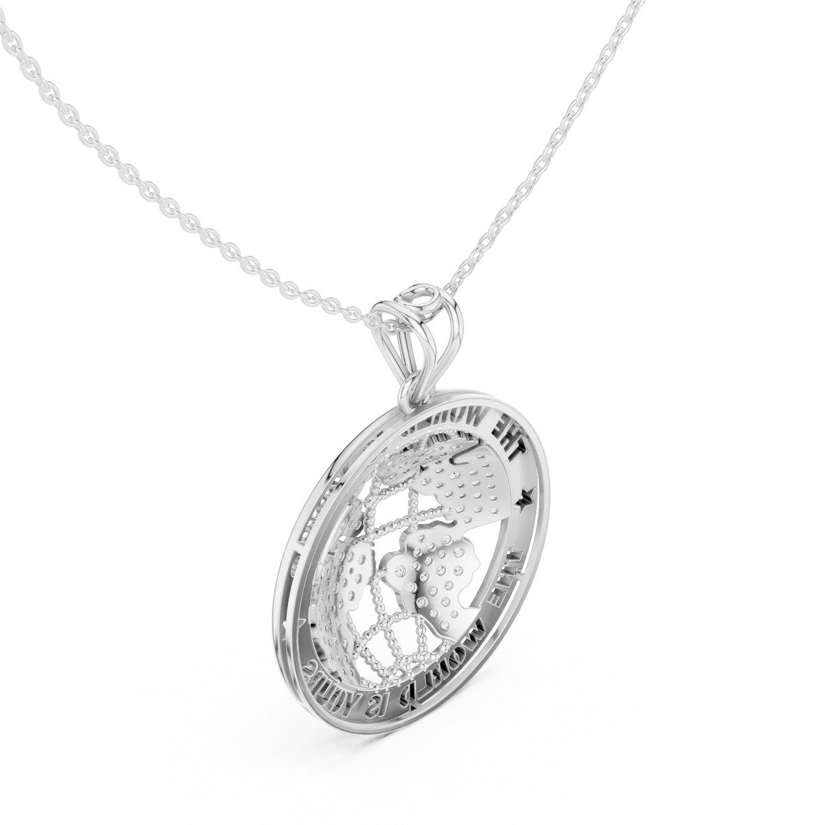 The World Is Yours Globe Moissanite Medallion Pendant in white 925 sterling silver, view 2