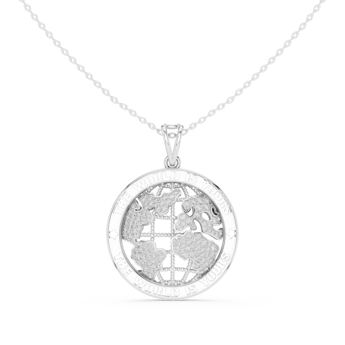 The World Is Yours Globe Moissanite Medallion Pendant in white 925 sterling silver, view 4