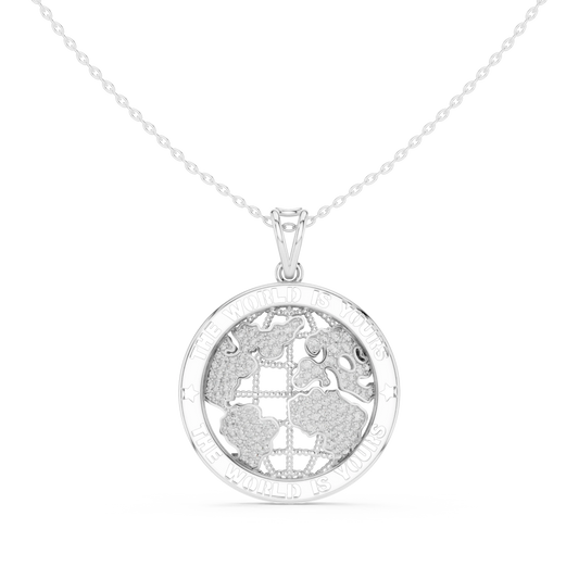 The World Is Yours Globe Moissanite Medallion Pendant in white 925 sterling silver, view 4
