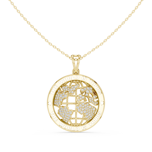 The World Is Yours Globe Moissanite Medallion Pendant in yellow 925 sterling silver, view 4