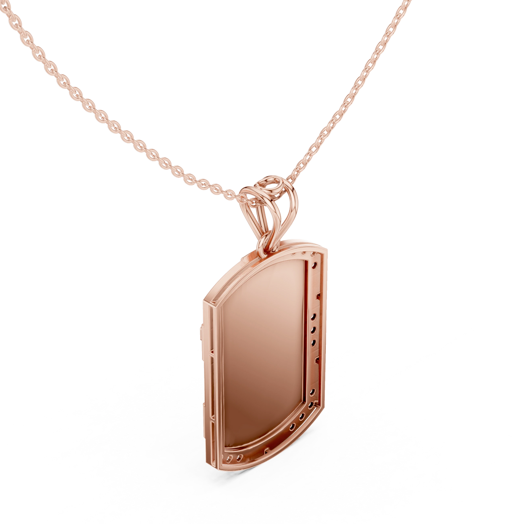 White Enamel Pavé Cross Dog Tag Moissanite Pendant in rose 925 sterling silver, view 2