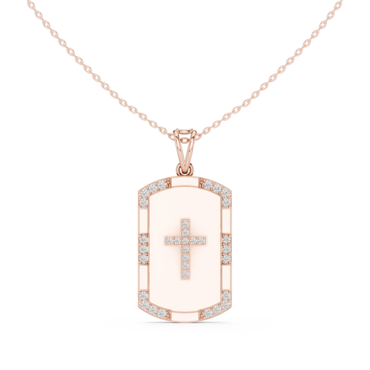 White Enamel Pavé Cross Dog Tag Moissanite Pendant in rose 925 sterling silver, view 4
