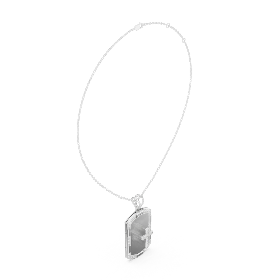 White Enamel Pavé Cross Dog Tag Moissanite Pendant in white 925 sterling silver, view 1