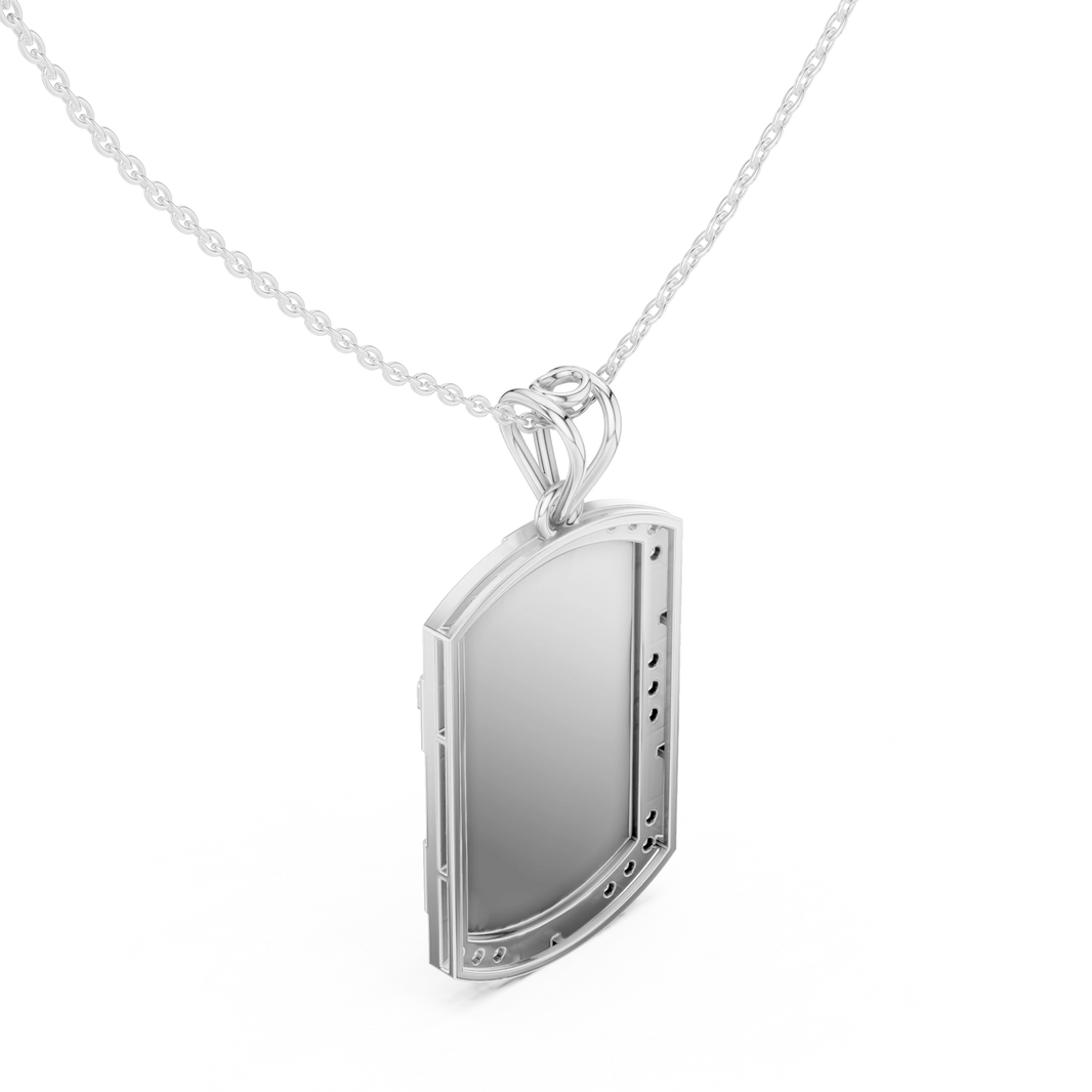 White Enamel Pavé Cross Dog Tag Moissanite Pendant in white 925 sterling silver, view 2